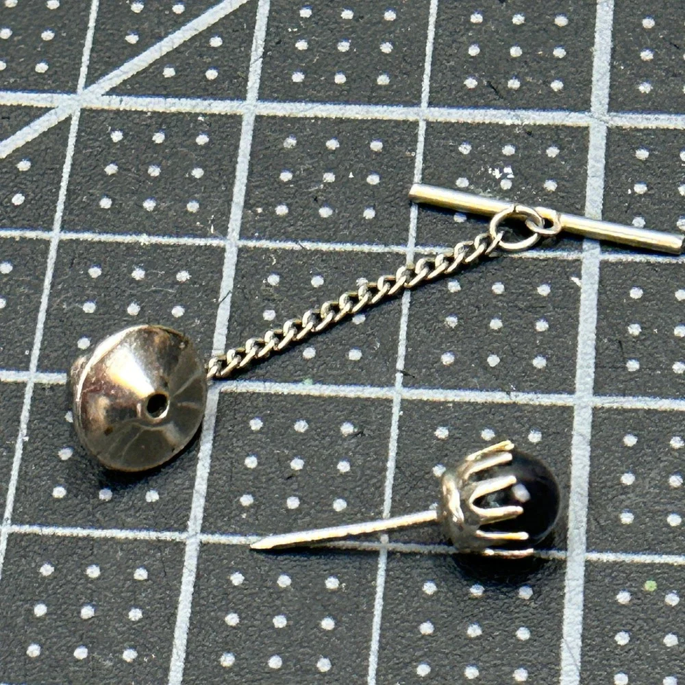Vintage Silver Tone Black Star Sapphire Style‎ Tie Tack with T-Bar Safety Chain
